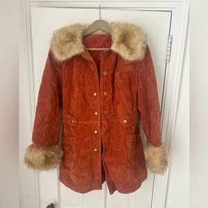 Vintage Orange Coat with Fur Trim